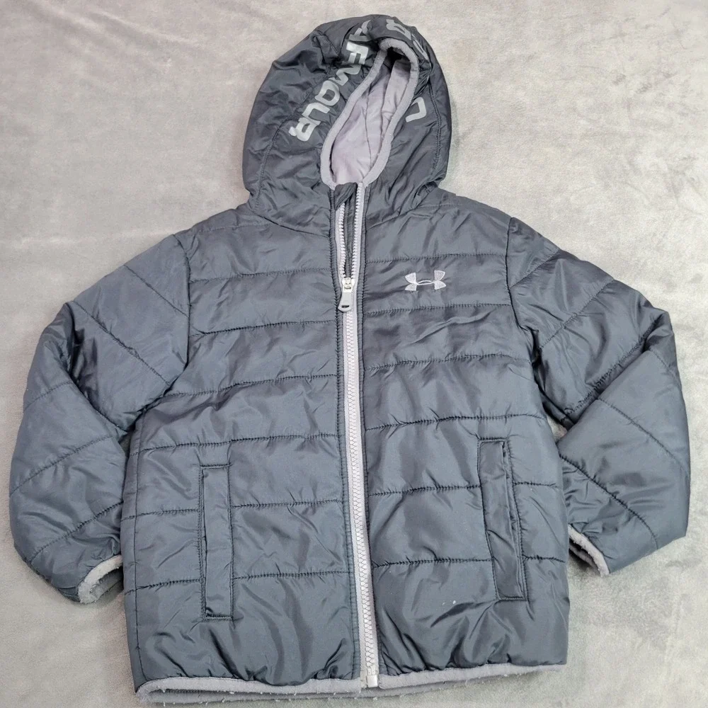 Under Armour ColdGear Boys Puffer Jacket Gray Hooded Full‎ Zip Size 4 23F5600101